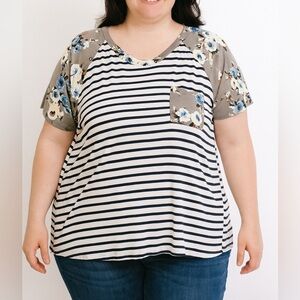 Plus Size Striped Raglan Tee with Floral Sleeves - NEW